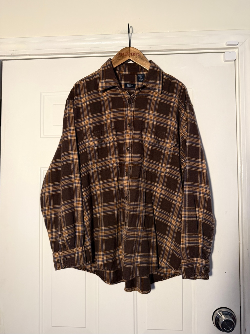 Izod Men’s Brown, Gold & Blue Plaid Flannel Shirt. Sz XL